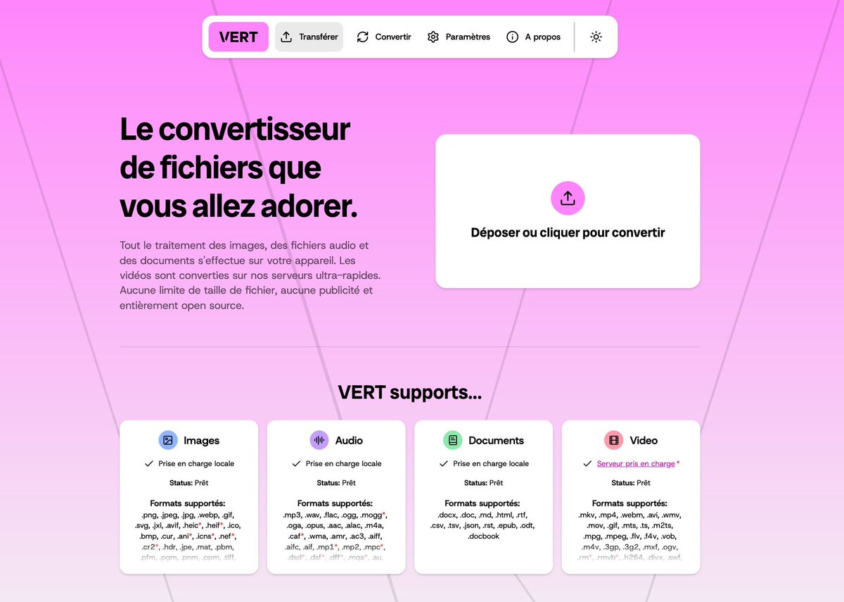 🔄 Besoin de convertir un fichier sans l’envoyer dans le cloud ? Découvrez VERT : un convertisseur open-source qui fonctionne localement dans votre navigateur. Images, docs, audio… plus de 2️⃣5️⃣0️⃣ formats pris en charge, sans pubs ni limite de taille
🔗 VERT.sh