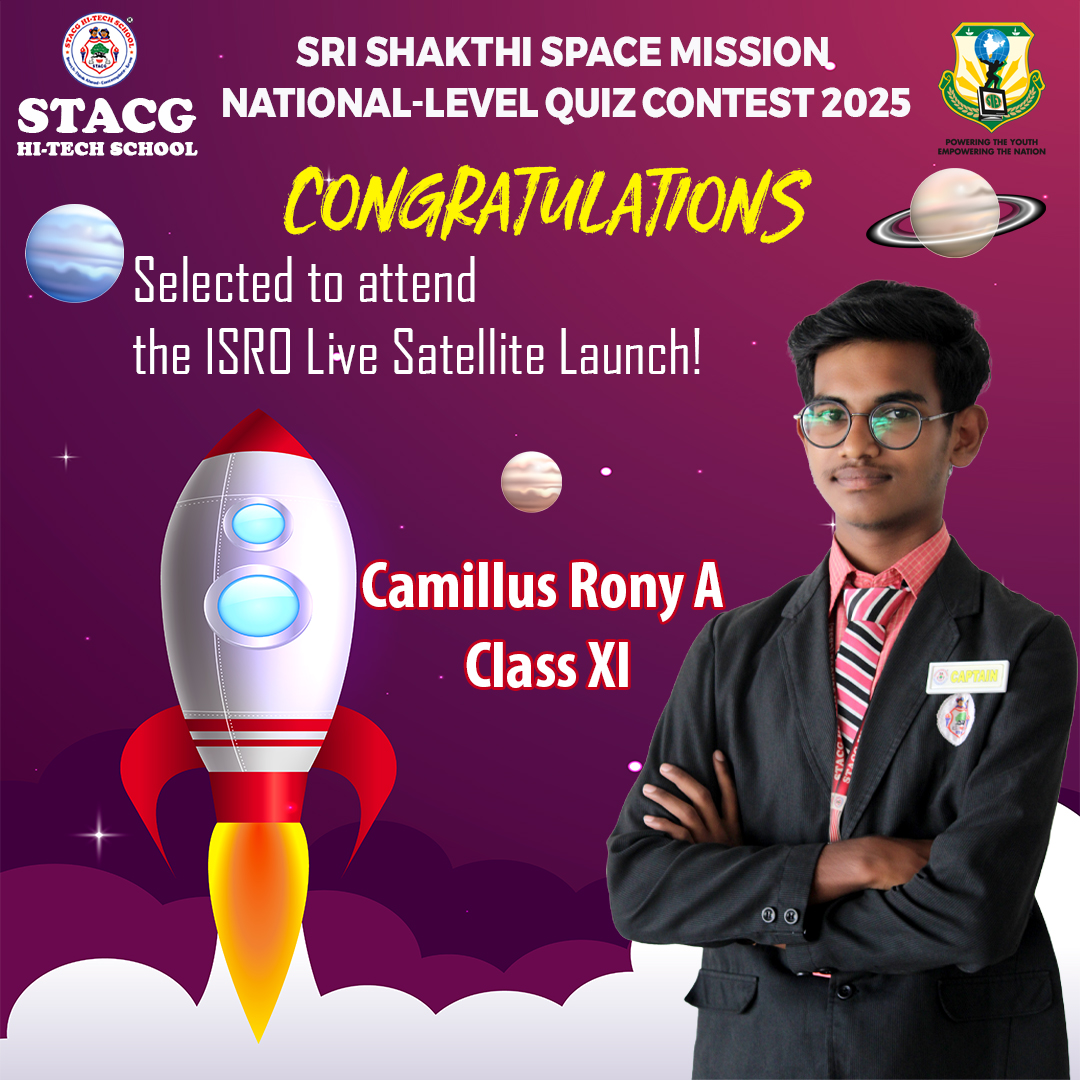 STACG_School's tweet photo. Congratulations to Camillus Rony A (Class XI) for becoming a National-Level Winner in the Sri Shakthi Online Space Quiz 2025.
He’s set to witness a LIVE satellite launch at ISRO — truly inspiring! 🚀 #SpaceQuiz2025 #NationalWinner #ISRO #LiveSatelliteLaunch #SchoolPride https://t.co/dltIrludj3