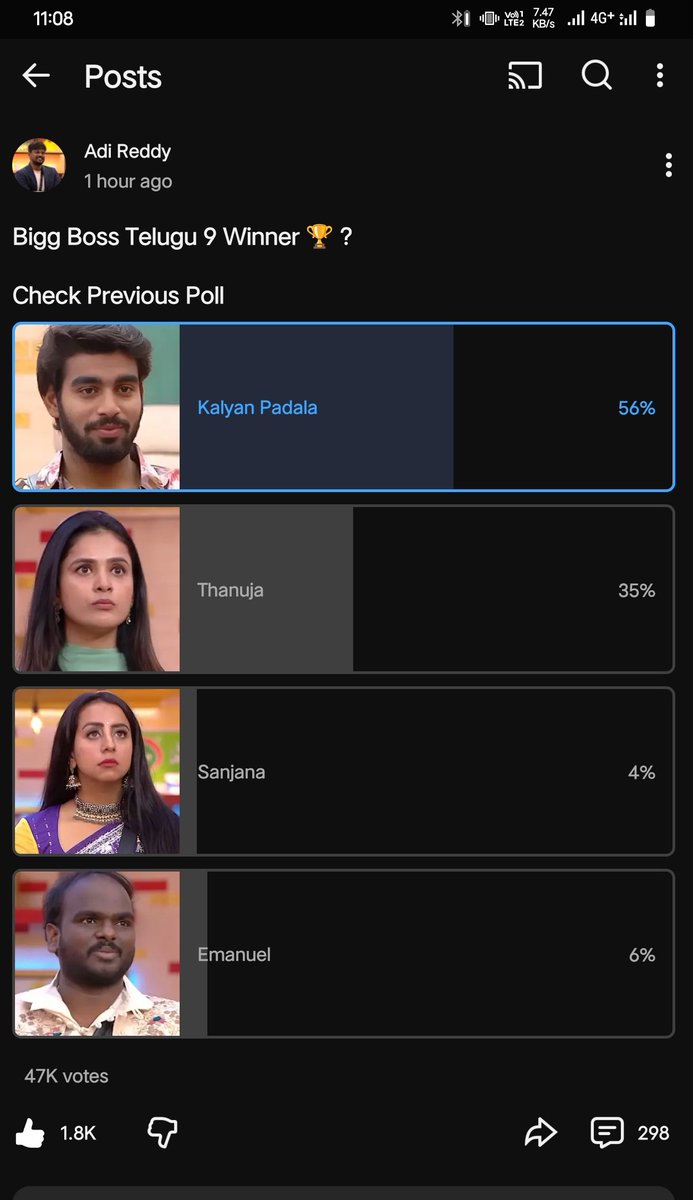SureshGowdaBzr's tweet photo. YouTube poll results maybe not true 
But I felt little bit near to official votings 

Believe me #kalyanpadala going to making history 
As a commoner kalyan winning dis season 9 🏆 

Near 15 to 20% difference 🔥🔥
#VoteForKalyan @StarMaa @JioHotstarTel_
#BiggBossTelugu9 #Kalyan https://t.co/rhlgUz1O7b