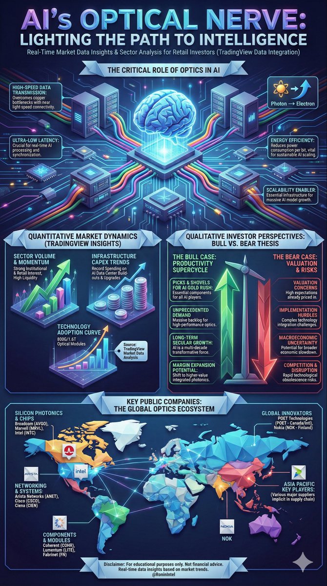 RoninIntel's tweet image. You think AI runs on magic? Nah. It runs on light. 💡
Without advanced optics, that H100 cluster is just a Ferrari stuck in a school zone. Speed is the only currency that matters.
I broke down the "Optical Nerve" of the sector—the Bull thesis, the Bear thesis, and the companies…