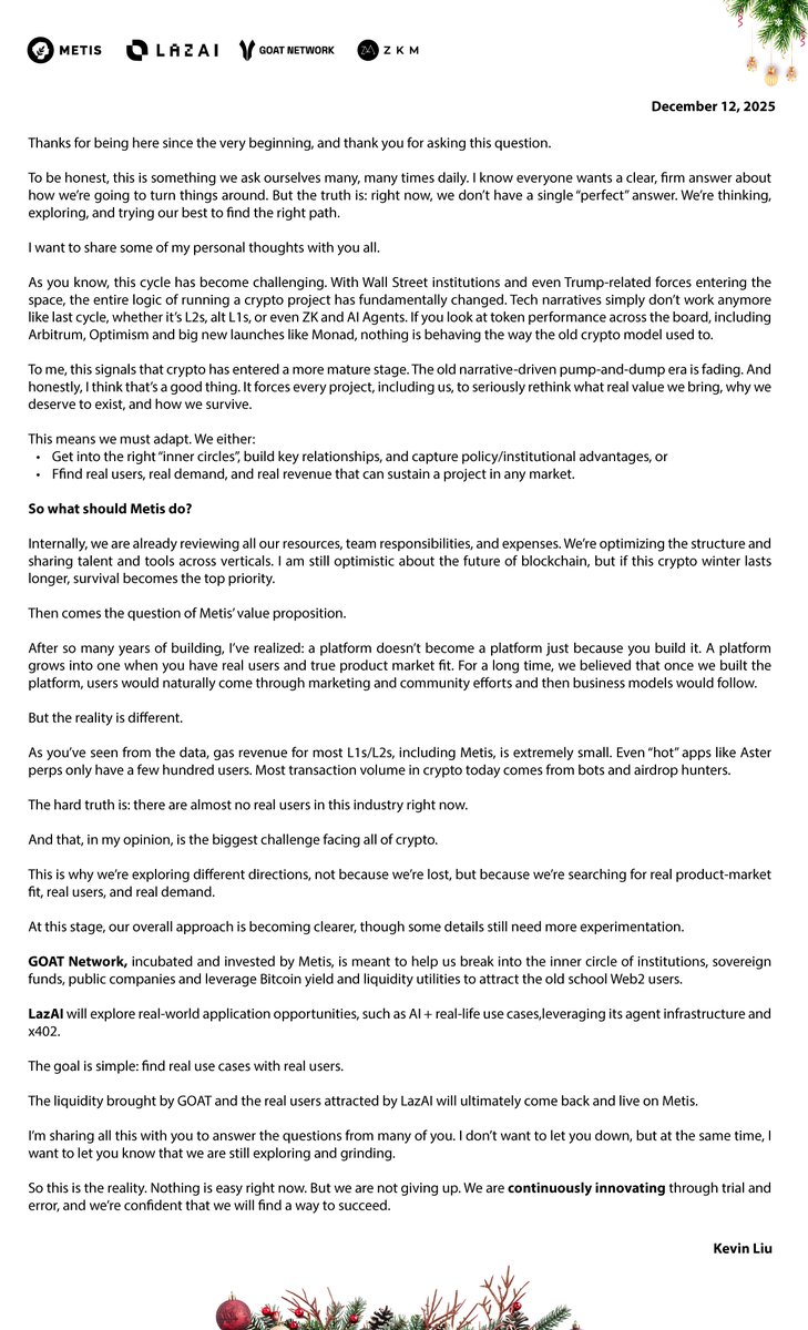 “Apa rencana untuk membalikkan situasi yang sedang kita hadapi saat ini?”

Pertanyaan ini diajukan oleh Fila di Telegram hari ini.

Metis Co-Founder <a href="/kevinliub/">Kevin🌿</a> memberikan jawaban paling jujur yang akan kamu baca di seluruh Web3 Natal ini ⬇️