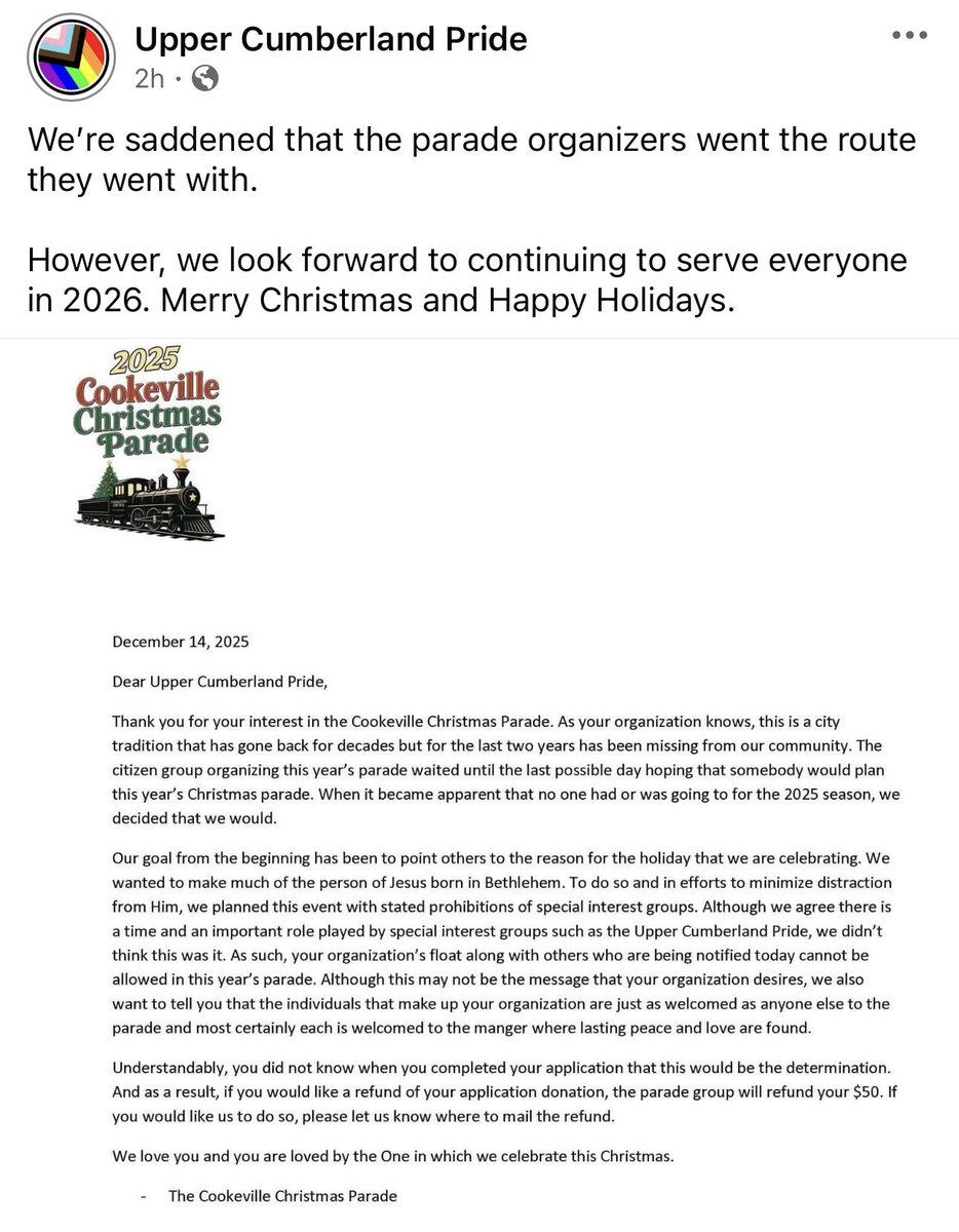 UPDATE: The Cookeville Christmas Parade organizers have again rejected a Pride float, saying they are prohibiting “special interest groups”: facebook.com/share/p/1DPf95…

(This is not the first time: wsmv.com/2024/10/23/org…)
