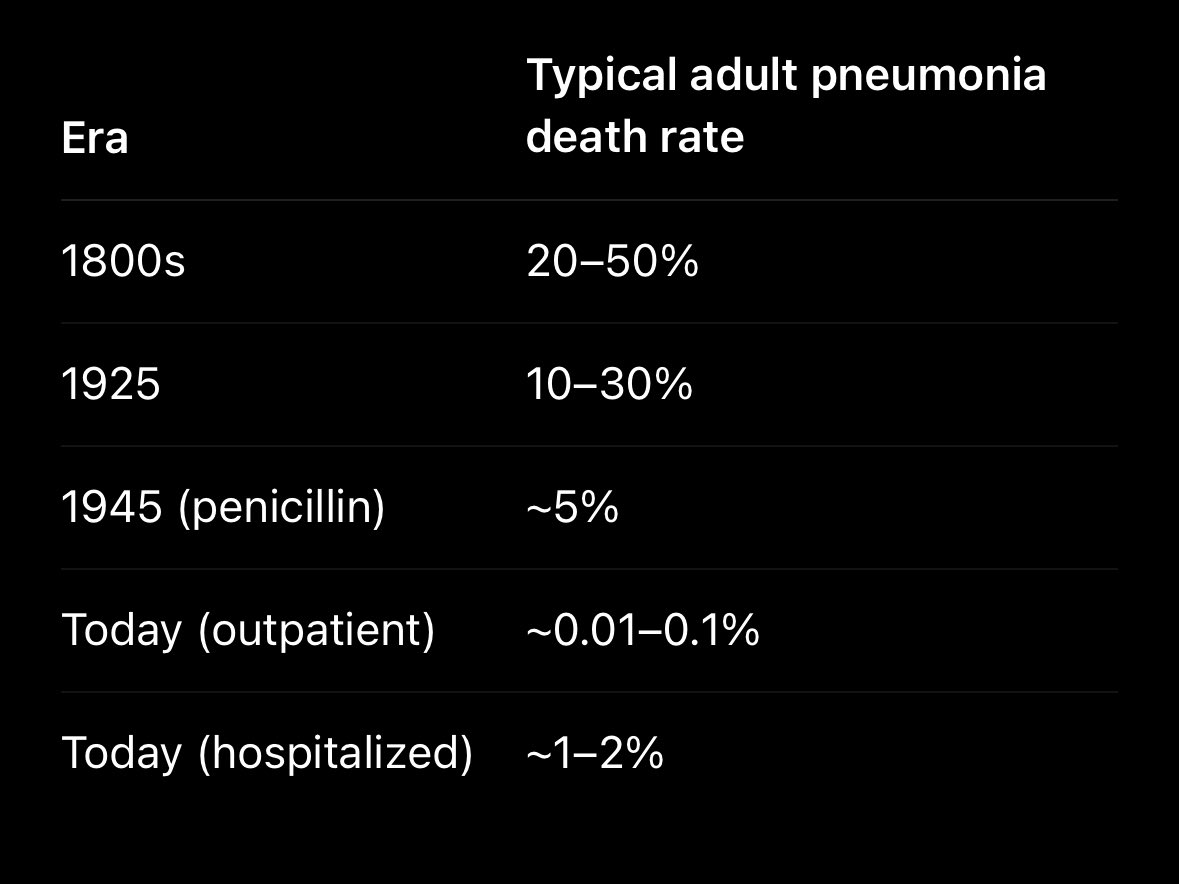 최근 11살 아이가 가벼운 폐렴을 앓았는데, 이를 통해 우리가 놀라운 의학적 기적과 풍요로움이 가득한 시대에 살고 있다는 것을 다시 한번 깨달았습니다.

 진단을 받은 후 항생제를 복용했고 며칠 만에 호전되었다.

