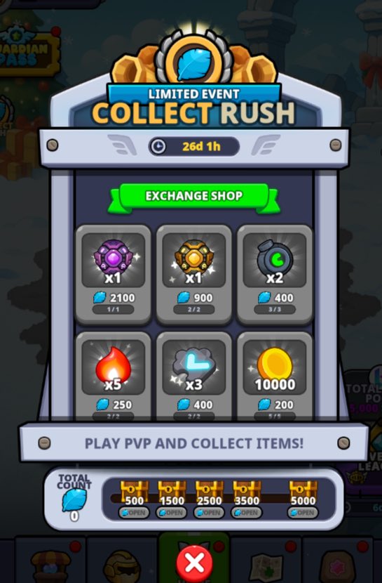 Get ready, Guardians! A new Event League is here with awesome rewards! 🛡️🔮

Here's what's new:
✨ Event League: Dec 15 - 10 Days! Free tickets on Day 1 (5 at 12 PM &amp; 6 PM UTC+9) + new league shop items!
🌟 Collection Rush Event: Dec 15 - Jan 14
💎 GEM Discount Event: Dec 15 -