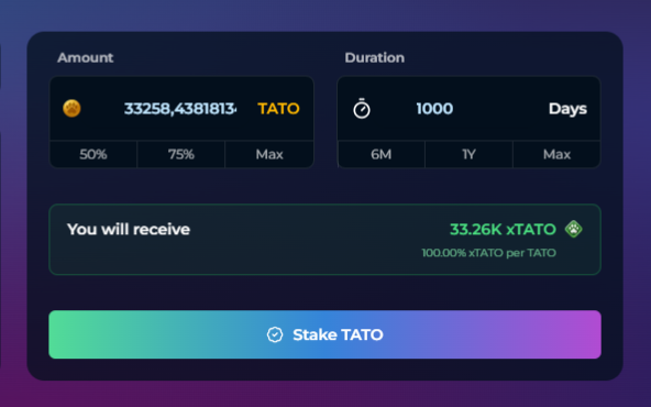 $TATO staking is now live on <a href="/PawtatoFinance/">Pawtato Finance | Sui</a>.

Users can stake $TATO in the Bank of Axoma to receive soulbound $xTATO, issued immediately and proportional to stake amount and lock duration (14–1000 days).

➥ Longer lockups earn more $xTATO (up to 0.1% per day)
➥ 14 days: 0.014