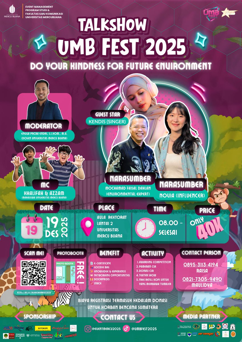 UMB FEST 2025 hadir 🌱 mengajak kamu beraksi untuk bumi lewat talkshow, pameran CSR, teater, awarding, dan donasi. Dilengkapi guest star KENDIS ⭐ goodie bag, e-certificate, snack, photobooth 📷 dan doorprize 🎉. Daftar sekarang: bit.ly/TalskhowUMBFES…
