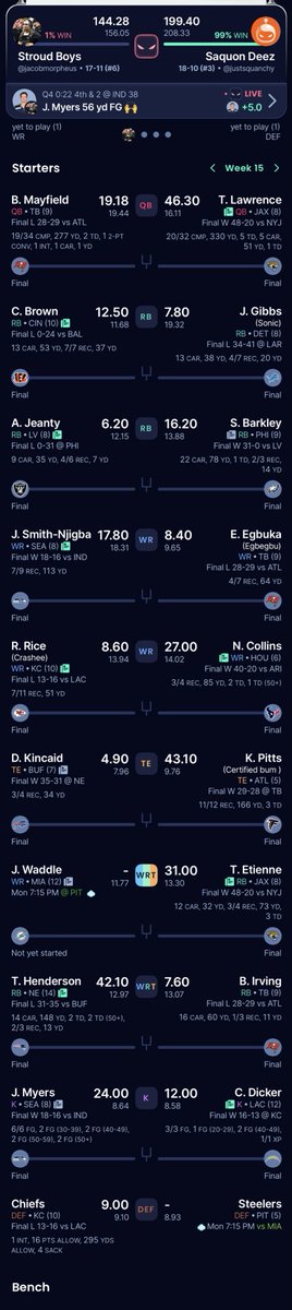 jacobmorpheus's tweet photo. @allinkid You’re looking for me. This my playoff opponent. 2nd highest points scored in league history this week. I’ll take whatever you want to send me to ease the pain https://t.co/JeSmAWFabe