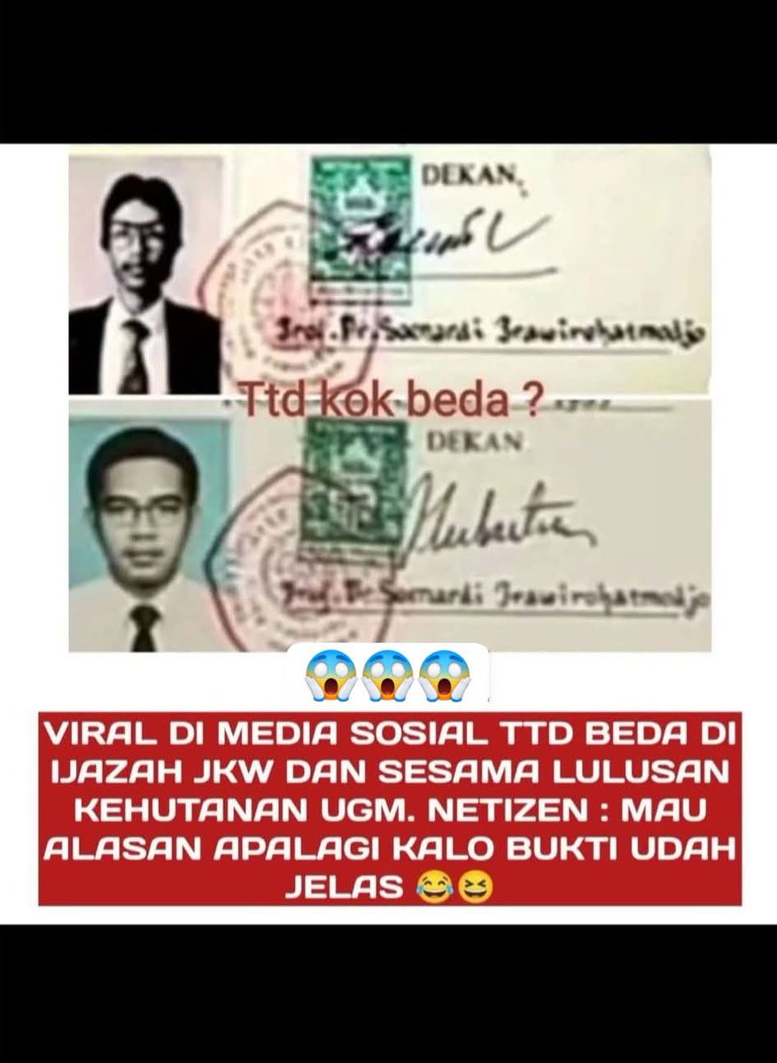 VIRAL DI MEDSOS...

TANDA TANGAN BEDA DI IJAZAH JOKOWI DAN SESAMA LULUSAN KEHUTSNAN UGM...

NETIZEN, MAU ALASAN APALAGI KALAU BUKTI SUDAH JELAS....‼️

#NepalkanPejabatBuduk
#NepalkanPejabatBusuk
🆘🆗