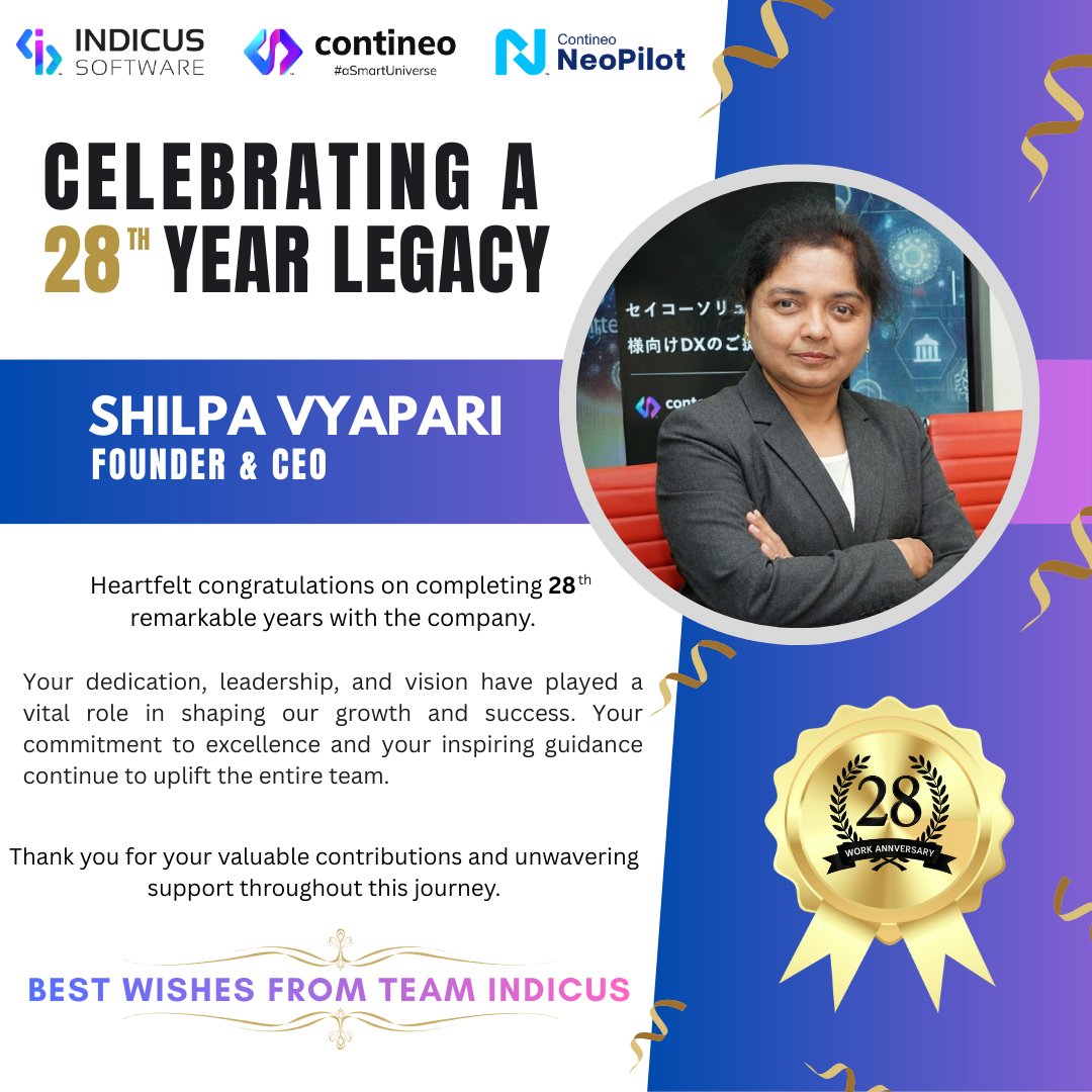 ContineoWorld's tweet photo. Celebrating a truly inspiring 28-year legacy.

Today, we honor 28 remarkable years of leadership, vision, and unwavering commitment by our 𝐅𝐨𝐮𝐧𝐝𝐞𝐫 &amp; 𝐂𝐄𝐎, 𝐒𝐡𝐢𝐥𝐩𝐚 𝐕𝐲𝐚𝐩𝐚𝐫𝐢. 

#CelebratingLeadership #28YearLegacy #IndicusSoftware
#FounderAndCEO 
#TechLeadership https://t.co/QZe2G3gSRk