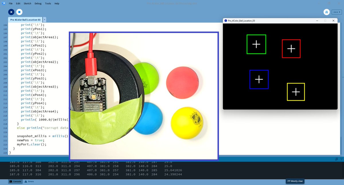Using #Procesing4 to draw size and centers of mass of each color detected by the ESP32-CAM (25 frames/second)
#computervision #colordetection
<a href="/EspressifSystem/">John Lee</a> <a href="/ProcessingOrg/">Processing</a> @Arduino