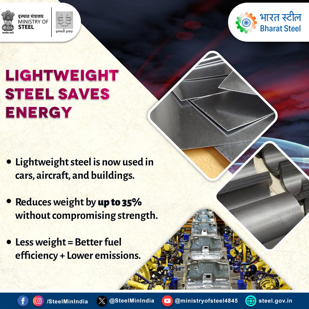 SteelMinIndia's tweet image. Lighter, stronger, greener! Lightweight steels drive innovation while saving energy and resources. 🌱
  
#SteelUnlocked #LightweightSteel #EcoInnovation