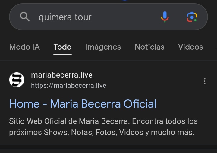 Si se busca "QUIMERA TOUR" en Google aparece la página de Maria Becerra como primer resultado.

— ¿Estaremos cerca del anuncio de la próxima gira mundial de la artista?
