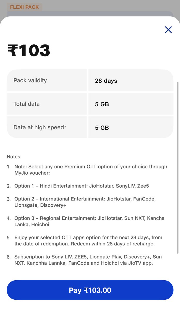 1 month flexible (3 premium ott plan) + 5 GB data in only Rs.103/- monthly in MyJio app <a href="/reliancejio/">Reliance Jio</a> #ott #OTTPlatform