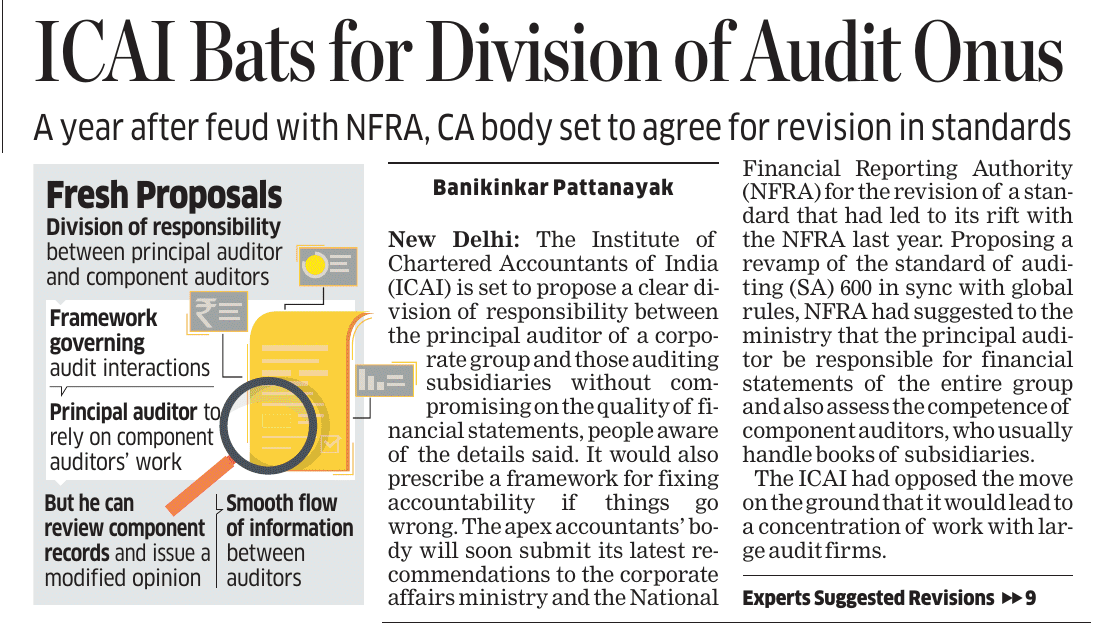 taxologyin's tweet photo. The ICAI plans to propose a revised Standard on Auditing 600 to clearly define responsibilities between the principal auditor of a group and auditors of subsidiaries. 

The move aims to fix accountability without harming audit quality. This follows a disagreement with NFRA, which wanted the principal auditor to be fully responsible for group accounts, a move ICAI said would hurt small and mid sized firms.

ICAI’s proposal focuses on shared accountability, clear rules on reliance, written instructions, better information flow, and powers for the principal auditor to review subsidiary records if needed. The final decision rests with the government.
