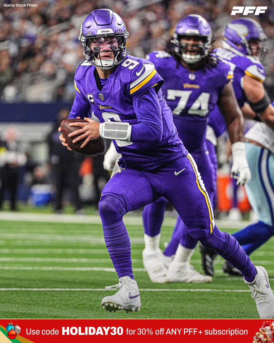 PFF's tweet image. J.J. McCarthy on throws past the sticks vs the Cowboys

🎯 66.7% adjusted completion rate
🎯 164 passing yards
🎯 4 big-time throws
🎯 142.4 passer rating