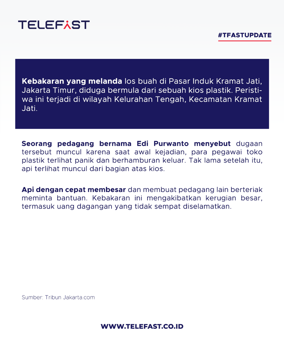 Telefast_id's tweet photo. #TFASTUPDATE
Kebakaran melanda Pasar Induk Kramat Jati, Jakarta Timur.
Api diduga berasal dari kios plastik dan menyebabkan kerugian besar bagi pedagang, termasuk uang dagangan yang tak sempat diselamatkan.
#Kebakaran #PasarKramatJati #JakartaTimur #Berita https://t.co/eM1U0aEJYQ