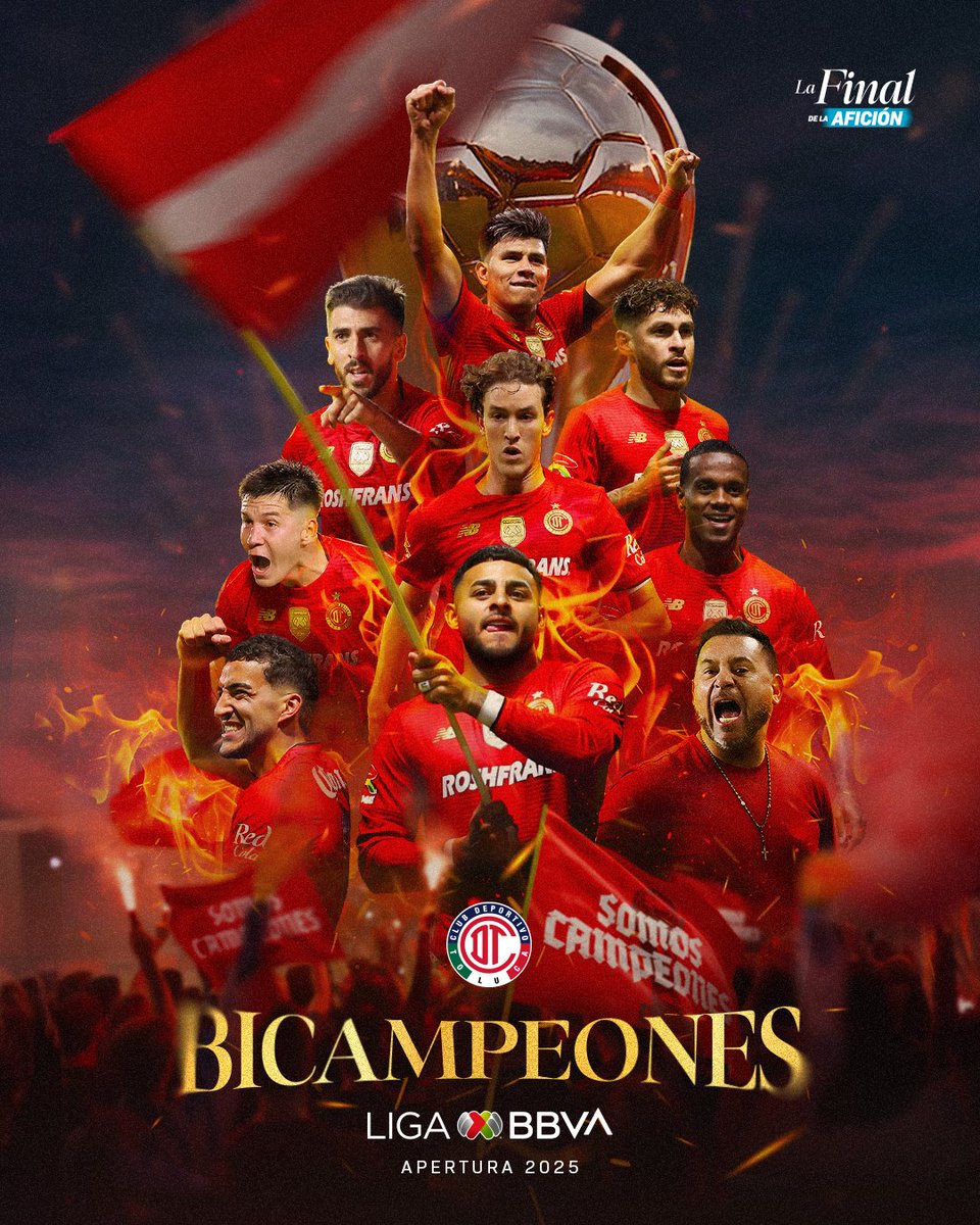 LigaBBVAMX's tweet image. ¡@TolucaFC es campeón del #AP25! 👹

EL DIABLO ES BICAMPEÓN DEL FUTBOL MEXICANO. 🏆

¡Qué se sienta el ardor del Infierno! 🔥

¡Enhorabuena, Escarlatas!
#LaFinalDeLaAfición