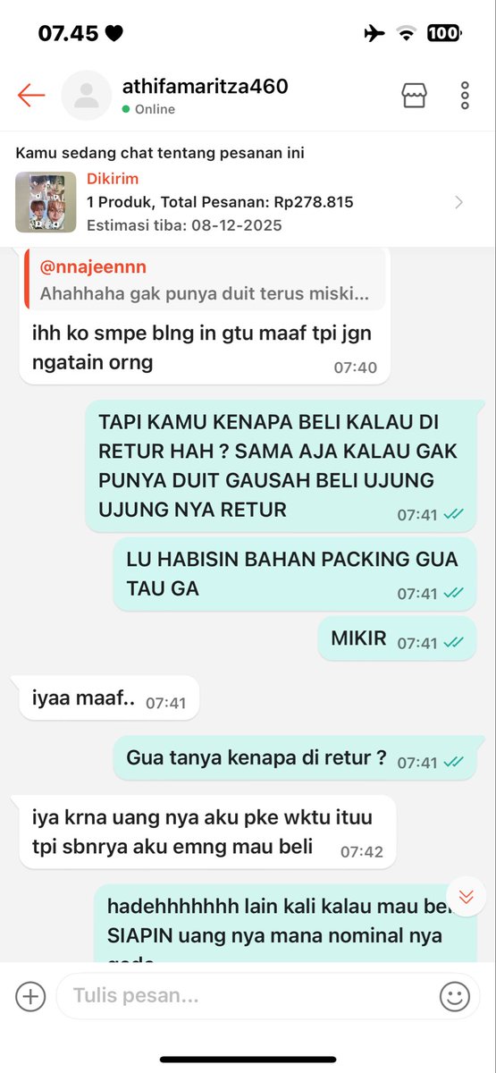 Nnaajeennn's tweet image. HELP RT 
‼️SPIL BOCAH RETUR COD‼️

Awalnya dia co etalase yushi dan dia co yushi bunga yg zoom itu terus pembayaran pakai cod nah kemarin aku tanya dia aku chat beneran amanah trs dikasih proof pc dan buat ngeyakinin aku akhirnya kuiyain dan sudah kukirim dan ini lah yg terjadi