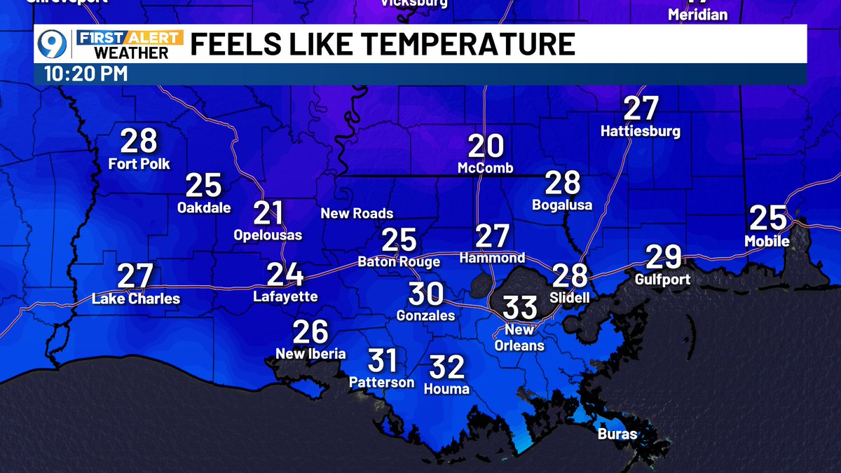Temps are already below freezing north of Baton Rouge, and it's only going to get colder overnight.

#cold #louisiana #mississippi #weather