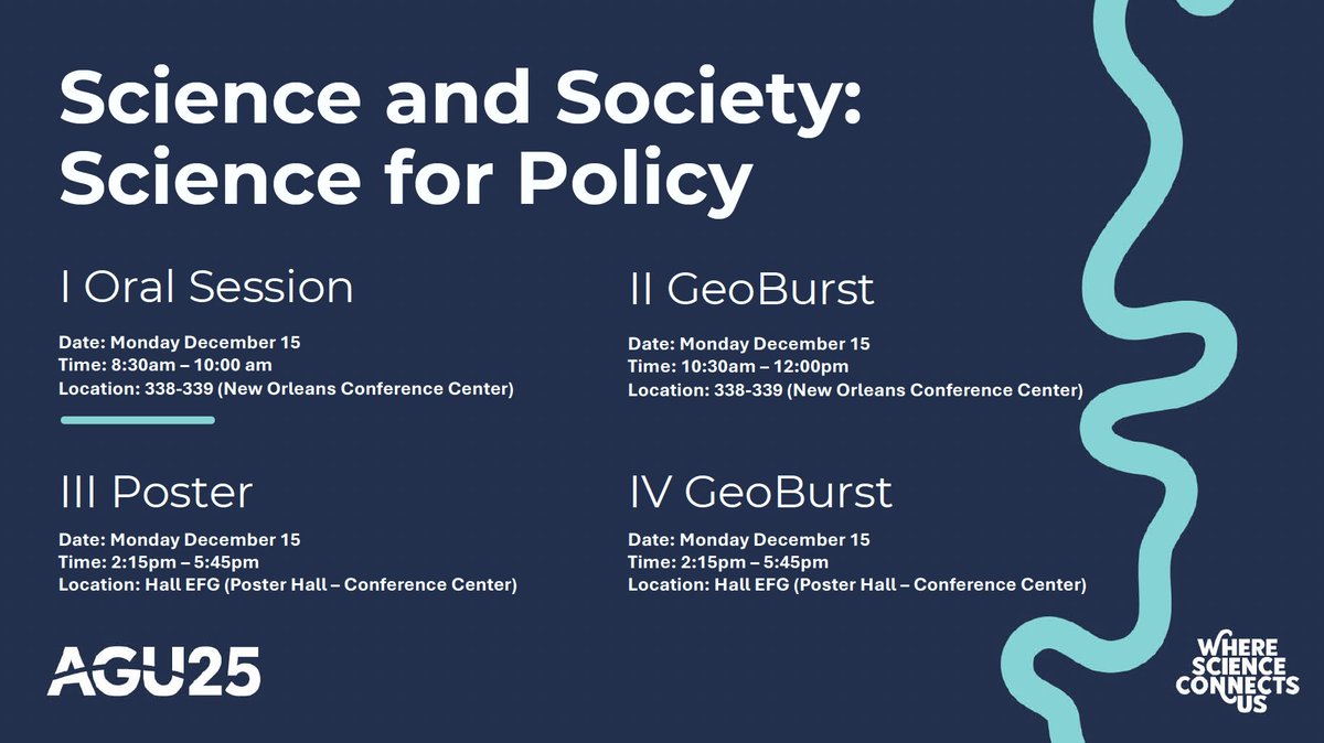 Check out <a href="/MannResearch/">Mann Research Group</a> at #AGU2025 happening Dec 15-19 in New Orleans. First up on Monday, Dec. 15 - I am a co-convener of these sessions on Science &amp; Society: Science for Policy.