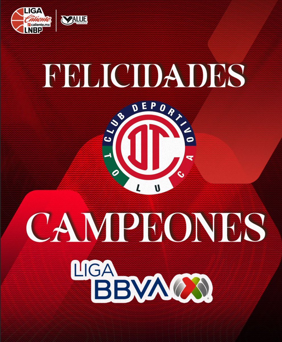 🏆🏆| FELICIDADES‼️
 <a href="/TolucaFC/">Toluca FC</a>  BICAMPEÓN DE LA <a href="/LigaBBVAMX/">Liga BBVA MX</a> 🔥⚽️ 🏆

Liga Caliente.mx LNBP 🔥 🏀

#MásAcciónMásDiversión #ApuestaEnCaliente
@caliente_sports @puntochg @valuegf @cajapopularmexicana @voitmx  <a href="/TolucaFC/">Toluca FC</a>  CAMPEÓN DE LA <a href="/LigaBBVAMX/">Liga BBVA MX</a> 🔥⚽️ 🏆