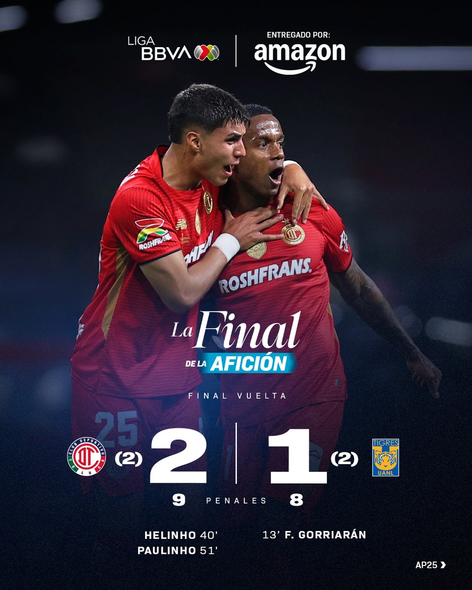 LigaBBVAMX's tweet image. ¡@TolucaFC se corona BICAMPEÓN en una tanda de penales de locura total! 🏆

Después de una intensa y dramática final, los Diablos son campeones del #AP25. 🌟

#EntregamosTodoPorElFut y @amazonmex nos entrega el #Marcador de la #GranFinal. 📦

#UANLTOL | #AP25 #LaFinalDeLaAfición…