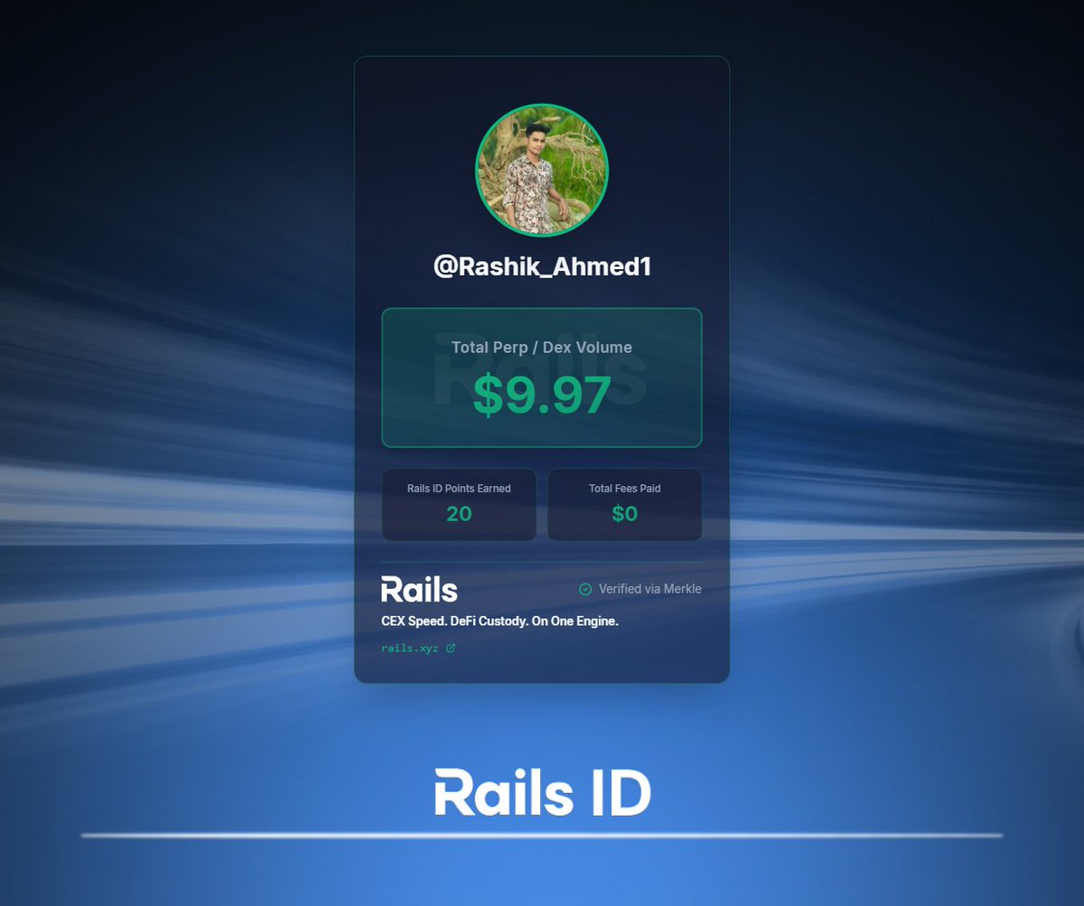 I just got my Rails ID. It pulls my DEX volume history into a single card and shows 20 Rails ID Points earned so far.

 Now it’s all about Rails Play: <a href="/rails_xyz/">Rails</a> ’s perps training ground.

Claim your Rails ID now: quest.rails.xyz/onboard?r=Rash…