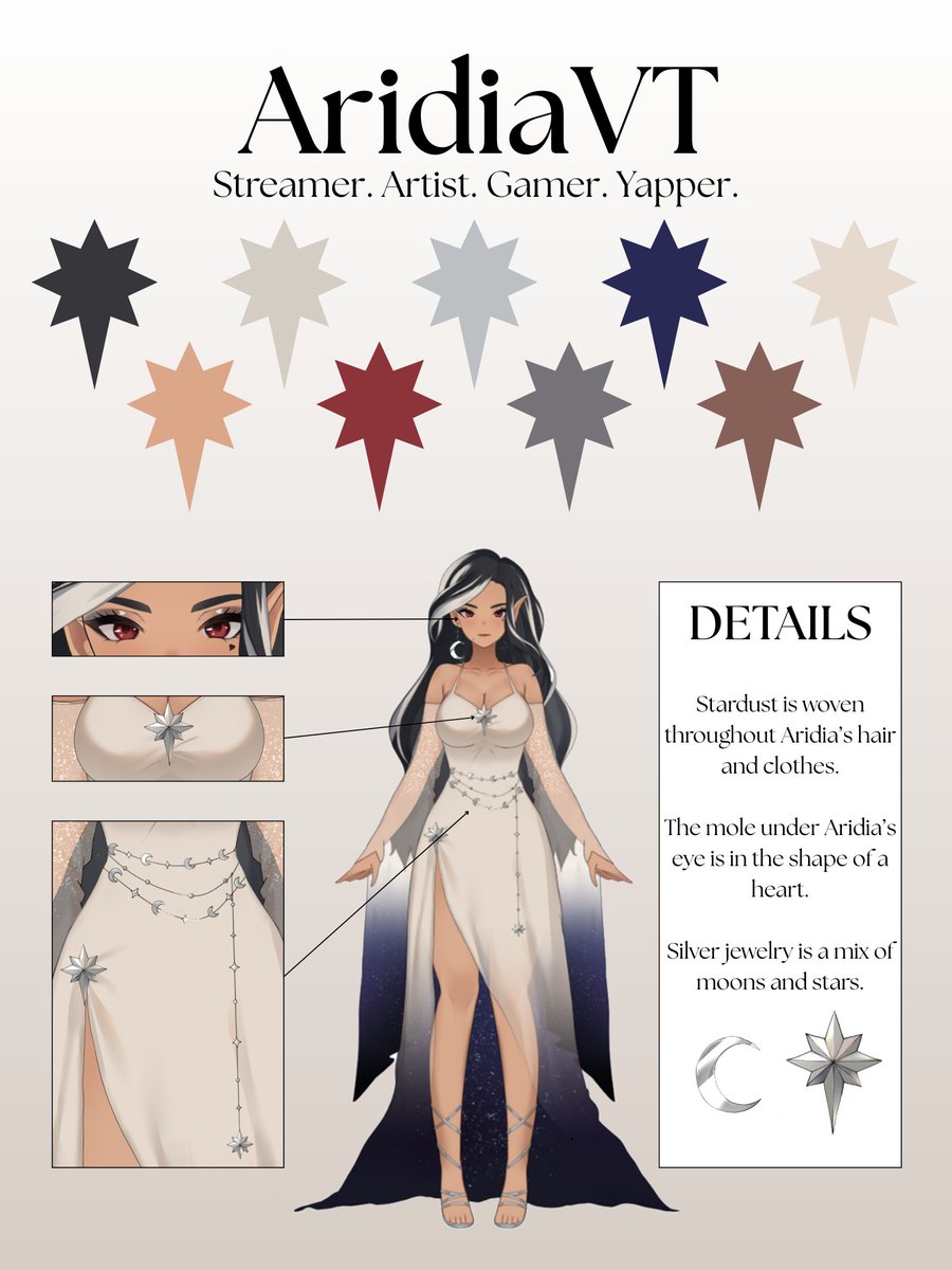 AridiaVT's tweet image. I’ve finally put together a reference sheet for myself! ✨
This is the go-to for colors and often-missed details 😊🌙
If you ever feel inspired to draw fanart, feel free to use this! 💖