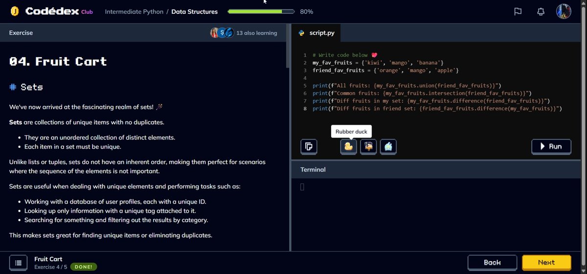 palchhinx's tweet image. day 14 of #30NitesofCode
woah it's been 2 weeks already.
today, i completed two more lessons from chapter 1 of intermediate Python course.