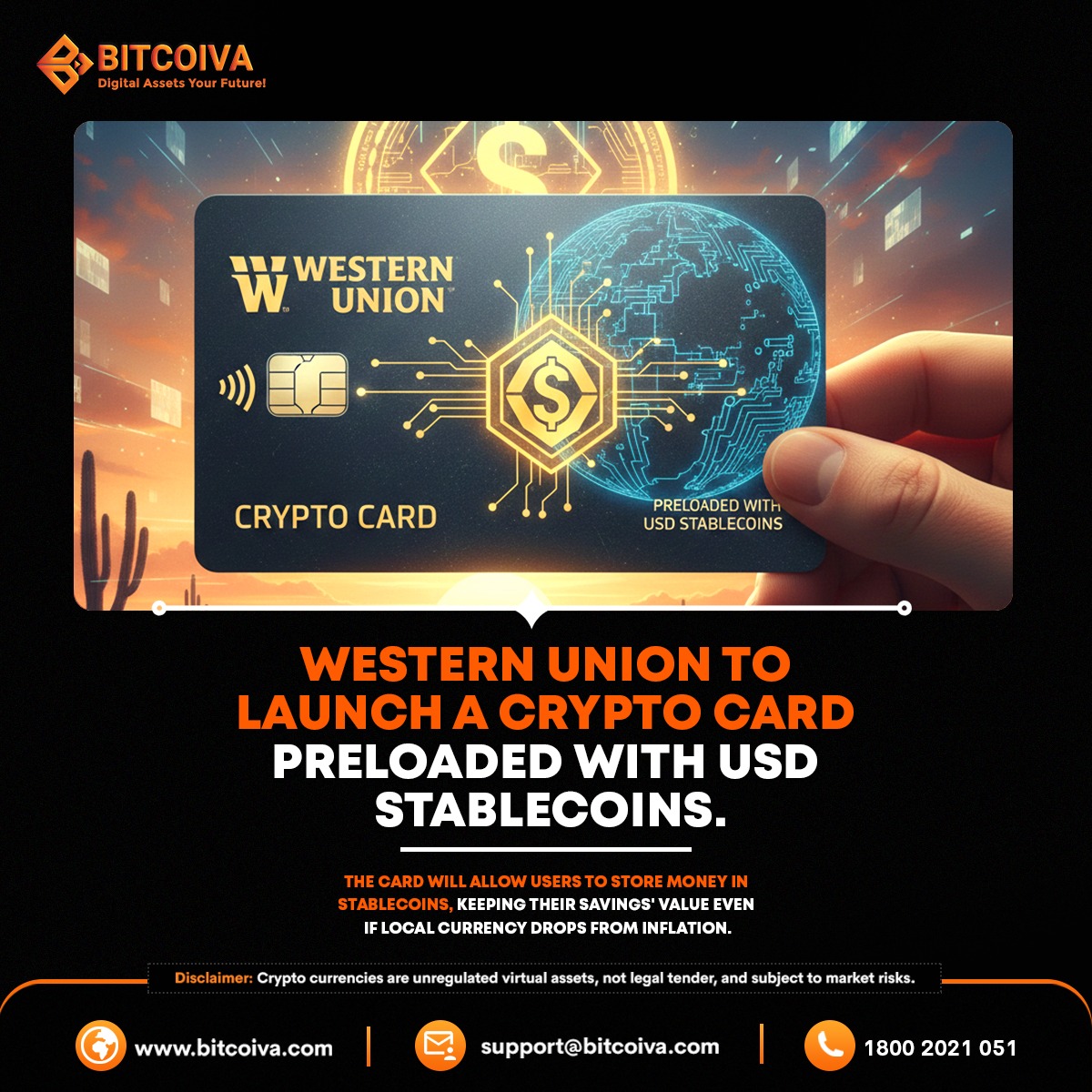 💳🚀 Western Union enters crypto! A new crypto card preloaded with USD  stablecoins is coming soon. Store value. Beat inflation. Spend globally. 🌍  💡 The future of money just got real. Visit: