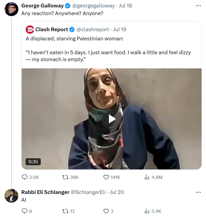 here is the Rabbi from Bondi beach who is being turned into a Holy Saint martyr by the Western media and political class mocking a Palestinian woman who was starving to death just a few months ago, saying she was "AI"