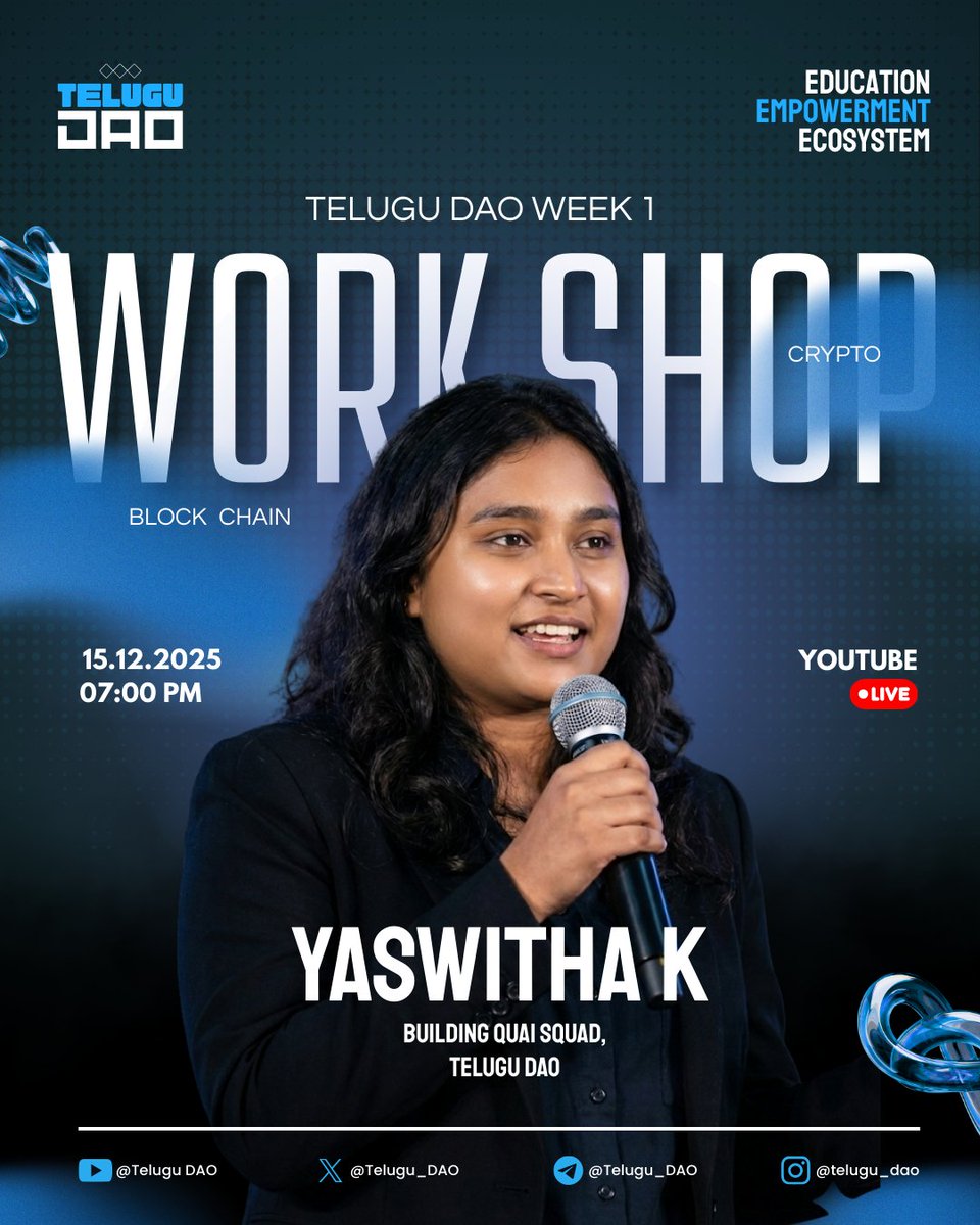 🚀 Telugu DAO – Week 1 Workshop

Blockchain Basics &amp; Wallets, explained simply 🔥

🗓 Dec 15 | ⏰ 7 PM
📍 YouTube Live

Register here 👇

luma.com/event/manage/e…