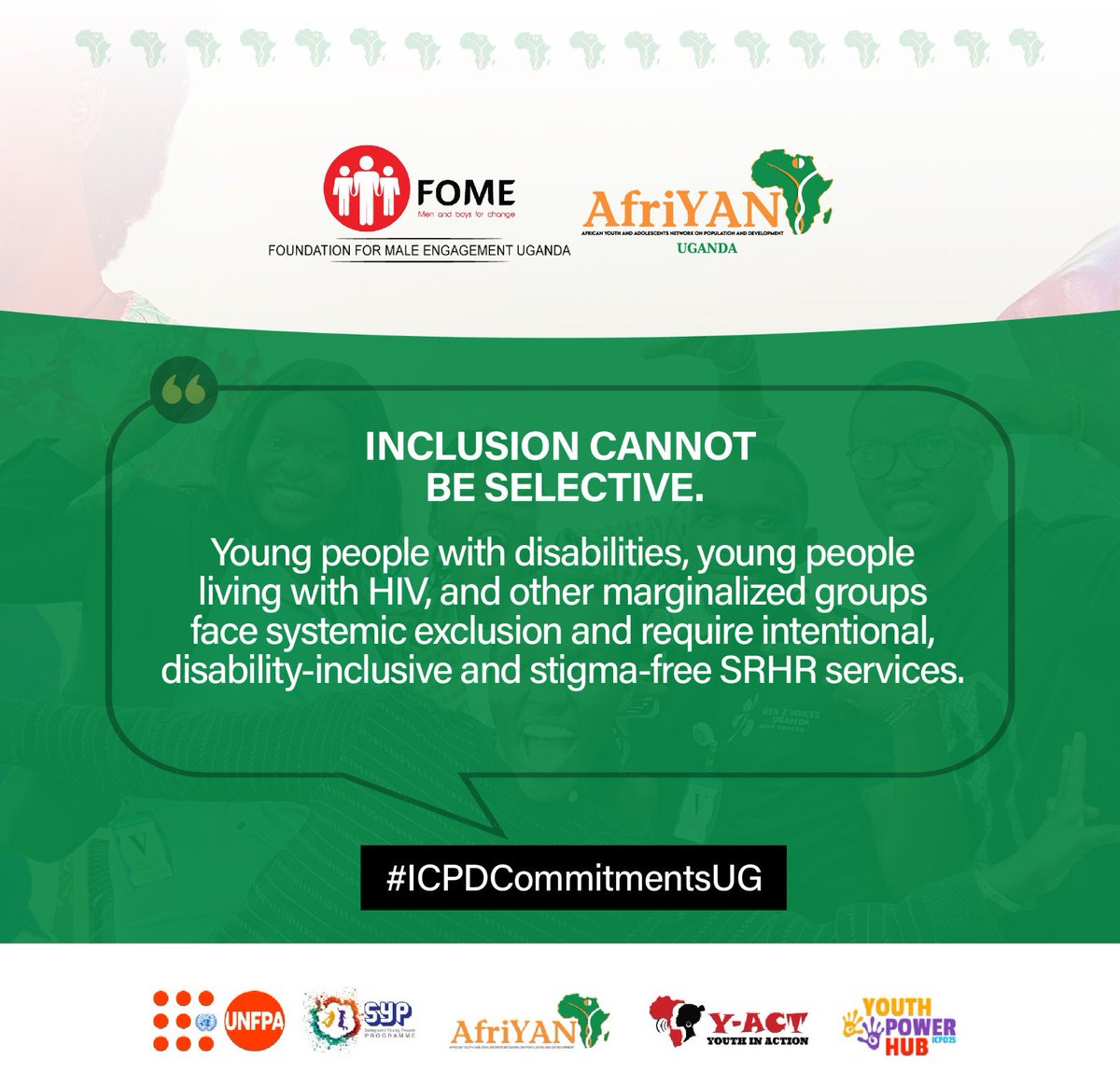 bakerjumba1's tweet photo. Inclusion isn't selective:
It must be intentional, deliberate, & not performative.
True inclusion addresses systemic barriers, values diversity, & creates equitable access for YPLHIV & with disabilities a seat at the table & a real chance to thrive. #ICPDCommitmentsUG
#AFRIYANUG https://t.co/znzO6vTeYj