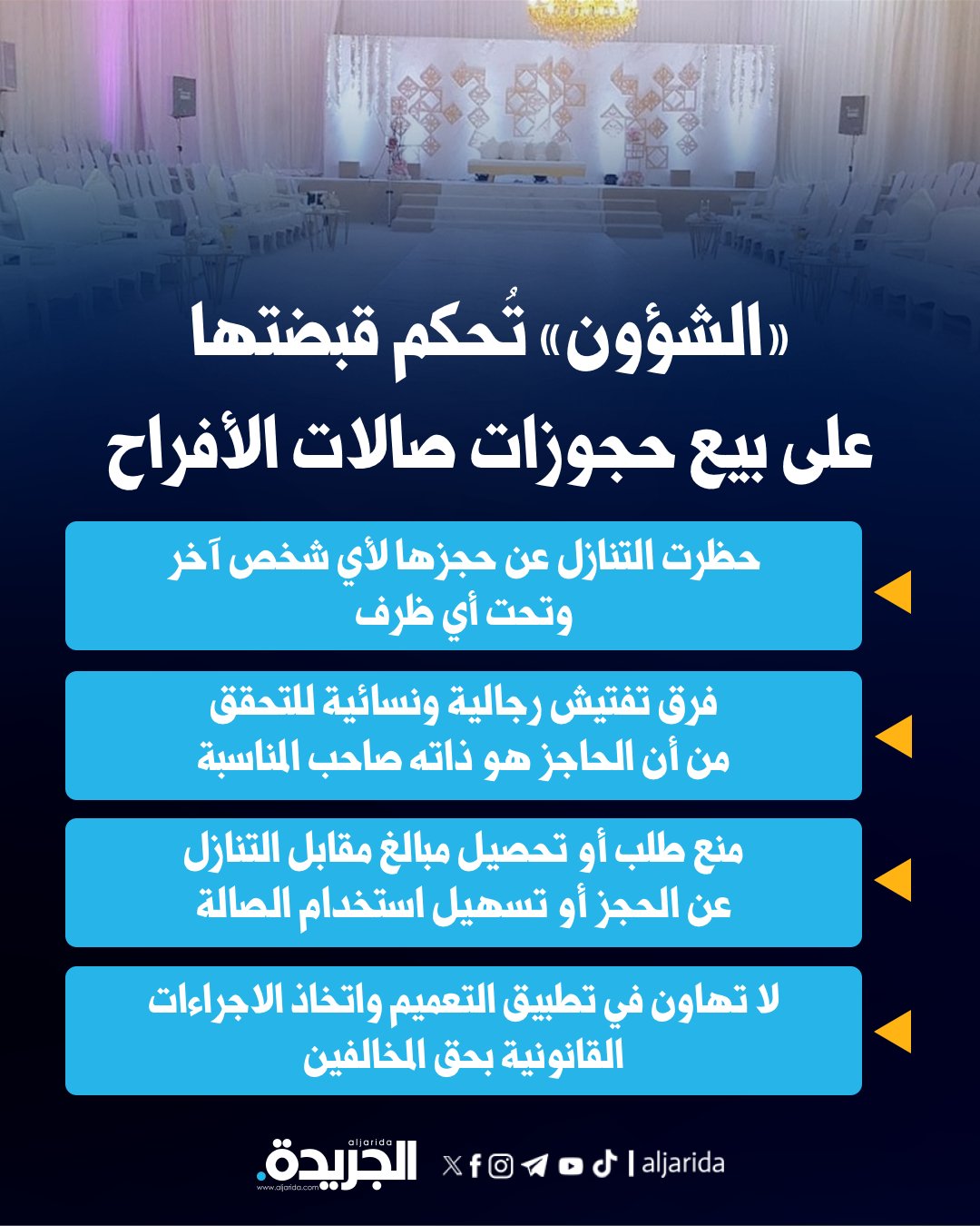 «الشؤون» تُحكم قبضتها على بيع حجوزات صالات الأفراح. حظرت التنازل عن حجزها لأي شخص آخر وتحت أي ظرف. فرق تفتيش رجالية ونسائية للتحقق من أن الحاجز هو ذاته صاحب المناسبة 