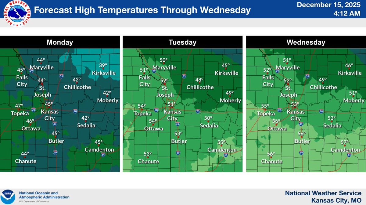 NWSKansasCity's tweet image. High temperatures will warm into the 40s today, then into the 40s and 50s through the middle of the week.