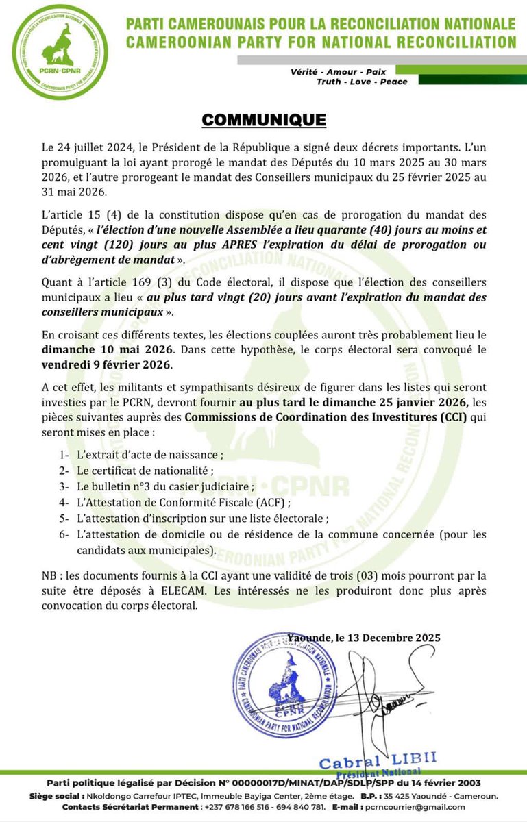 Selon le PCRN, les élections couplées #Cameroon auront très probablement lieu le dimanche 10 mai 2026.