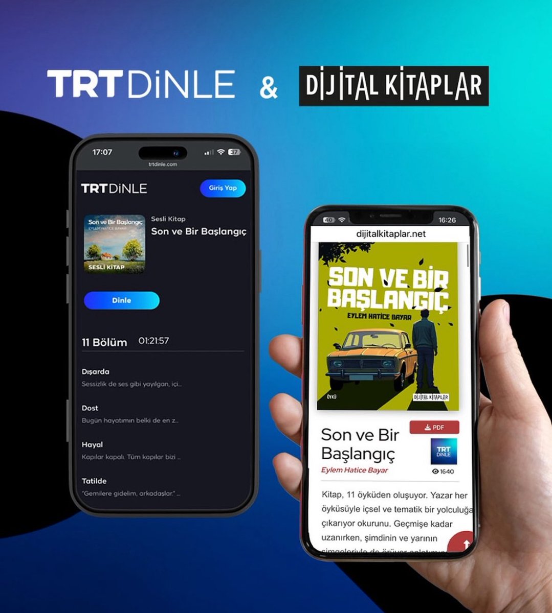 Türkiye’nin ilk dijital kitap platformu dijitalkitaplar.net ile “TRT Dinle” uygulamasının iş birliği devam ediyor. 

TRT’nin profesyonel kadrosu tarafından seslendirilen ilk kitabımız, yazarımız Eylem Hatice Bayar’ın “Son ve Bir Başlangıç” adlı öykü kitabı oldu.