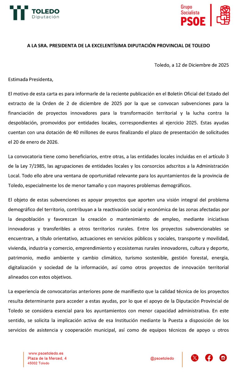 psoetoledo's tweet photo. 👉 Instamos a la Diputación a apoyar a los ayuntamientos en el acceso a ayudas estatales contra la despoblación.

🔴 Como administración útil deben garantizar que ningún municipio se quede fuera por falta de recursos técnicos.

🔗 https://t.co/YcV9s7ADhz

Carta completa ⤵️ https://t.co/yA4UASOfmr