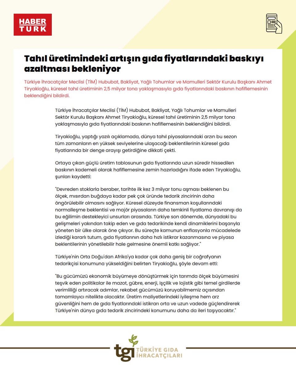 Ocak-Kasım dönemi ihracat rakamlarımızı değerlendiren Sektör Kurulu Başkanımız Ahmet Tiryakioğlu, bu sezon dünya tahıl piyasalarındaki güçlü üretim tablosunun gıda fiyatlarında uzun süredir hissedilen baskının kademeli olarak hafiflemesine zemin hazırladığını ifade etti.