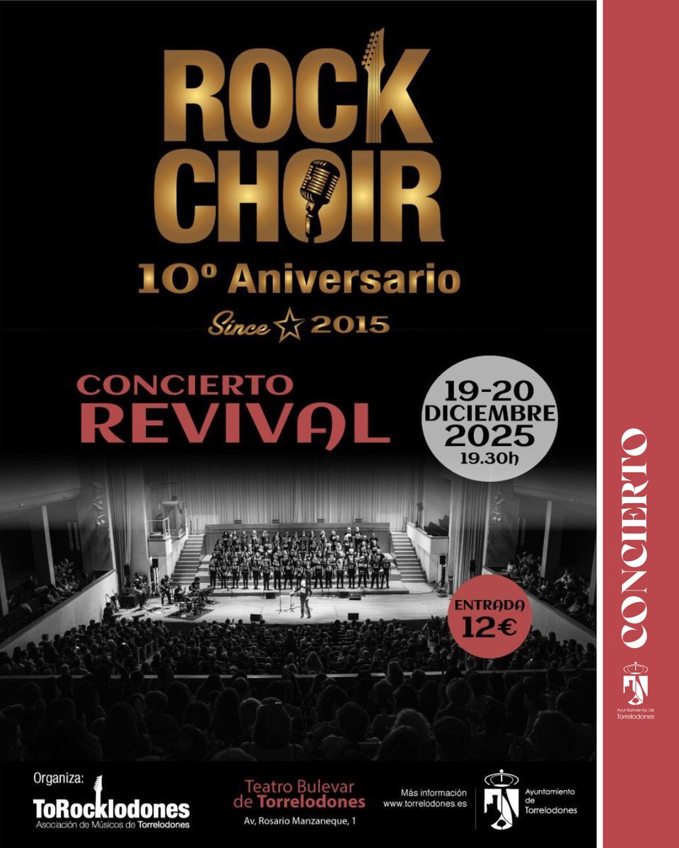 🎸 ¡El Rock Choir de <a href="/Torocklodones/">ToRockLodones</a> celebra 10 años sobre el escenario!

Más de 90 voces y banda en directo con los grandes clásicos del rock y pop.

📍 Teatro Bulevar
📅 19 y 20 de diciembre · 19:30h
🎟️ 12€ | Consigue tu entrada AQUÍ: es.patronbase.com/_Torrelodones/…