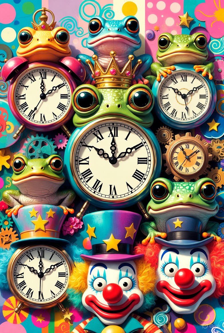 TheHubStop's tweet image. “#MasterpieceMonday shines with @TheHubStop! Clocks tick, crowned frogs leap, and clowns grin in this #QuirkyMinds mash-up—pure #DigitalAIArt magic! What’s your quirky take? 👂 #WeAreGenius #ChamberOfChange #PopTheBubble #HubbersArt #JoinTheHub #HopOnboard 🐸⏰🤡👑”