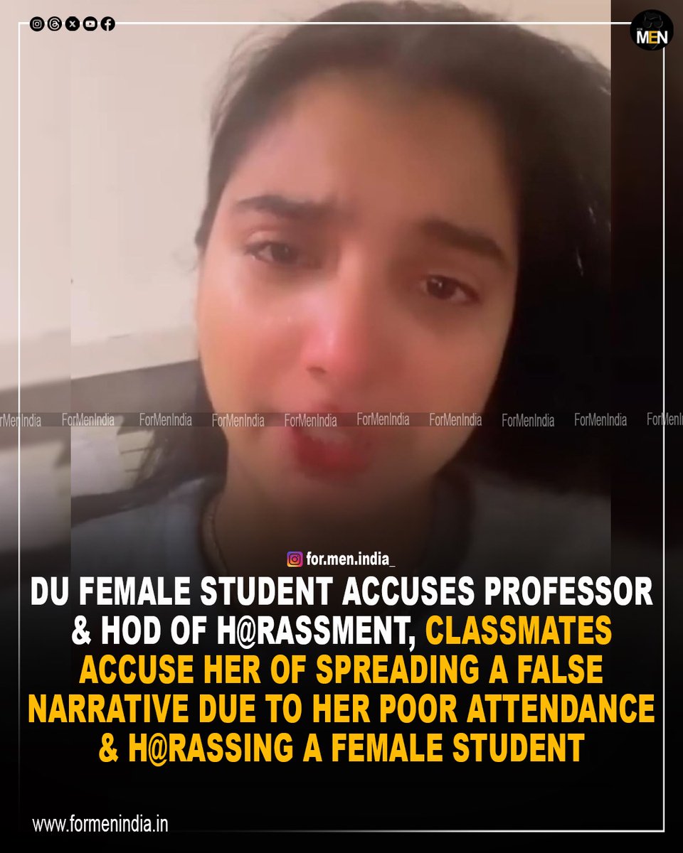 ForMenIndia_'s tweet photo. A few days back, a Delhi University (DU) student, Chitra Singh, has alleged harassment by a professor and pressure from college authorities, while other students reportedly gave statements against her, leading to a public dispute

Chitra uploaded an Instagram reel where she shared her experience claiming she was mentally harassed by an unnamed professor over an internal issue. After she posted the video about the alleged incident, she claimed the Head of Department (HOD) pressured her to delete the post and that her admit card was withheld just before an exam. 
Her Instagram video created a sensation on social media with various news portals taking her side and sympathising with her, demanding justice. 

However, her classmates and some other students claimed that the story was one sided and that she made false allegations. 
One major counter-allegation is that Singh only attended three days out of a six-month semester. It is also alleged that she posted her classmates' private phone numbers online (doxxing) & defamed her. 
Students have claimed that the allegations by Chitra has taken a toll on the mental health of the professor. 

Many users claimed that the viral video itself is shaky, lacks context, and doesn't clearly show harassment, leading some to believe that Chitra's video is a social media drama without factual basis. 

Till date, no FIR has been filed against anyone. 

SWIPE TO SEE THE VIDEO UPLOADED BY CHITRA AS WELL AS THE STATEMENT OF THE STUDENTS AGAINST CHITRA. 

ALSO, DO LETS US KNOW YOUR OPINIONS ON THIS INCIDENT & SHARE TO SPREAD AWARENESS.

#formenidia #delhiuniversity