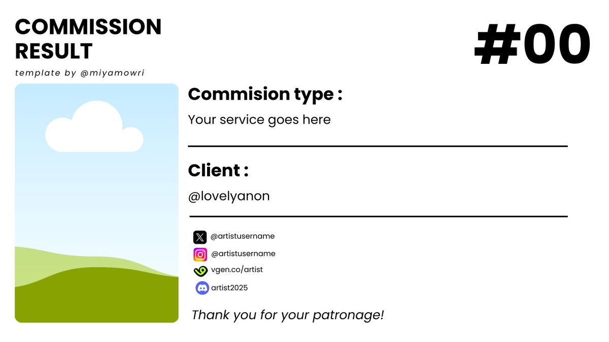 miyamowri's tweet image. Hello back with Mori again dear #artwt and #artmoots ! 

Decided to comes up with a simple template to showcase your commission result. 

Show to the world you already done such a good a job as artist! Make your client feel honored too~ 

Link and example of use in the rep!