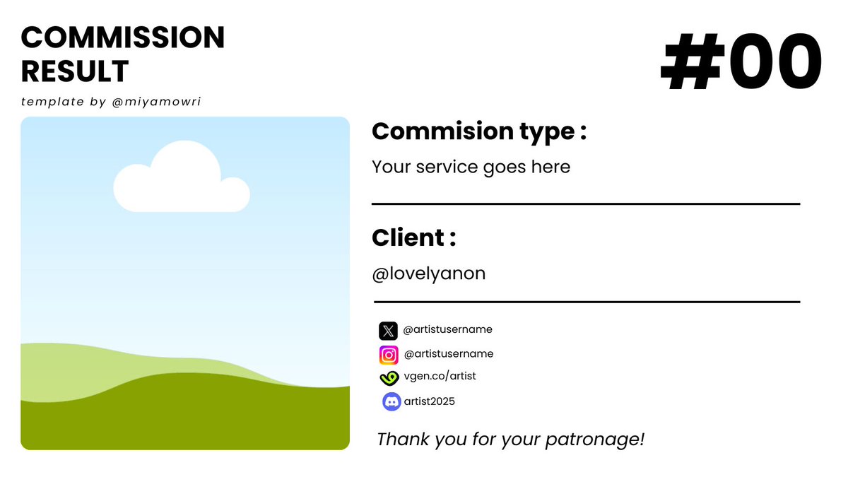 miyamowri's tweet image. Hello back with Mori again dear #artwt and #artmoots ! 

Decided to comes up with a simple template to showcase your commission result. 

Show to the world you already done such a good a job as artist! Make your client feel honored too~ 

Link and example of use in the rep!