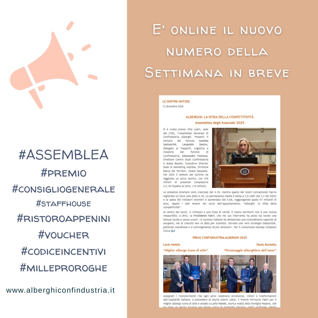E' online il nuovo numero della Settimana in breve: una sintesi delle principali notizie e dei temi più rilevanti degli ultimi sette giorni.

👉Clicca qui per leggere il nuovo numero alberghiconfindustria.it/tema/news/noti…