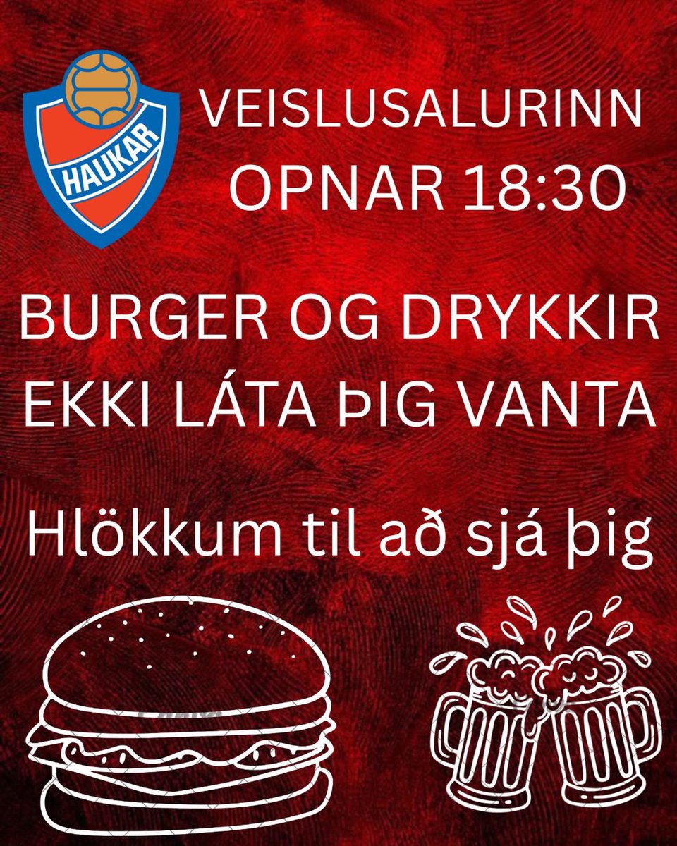 🕺SJÁUMST I KVÖLD🕺
🚨Veislusalur opnar 18:30🚨
🍔Burger og Bjór á tilboði🍔
🧃Djús og Gos🥤

HAUKAR - FRAM
⏰:19:30
🏟️:Ásvellir 
🎫:Stubbur