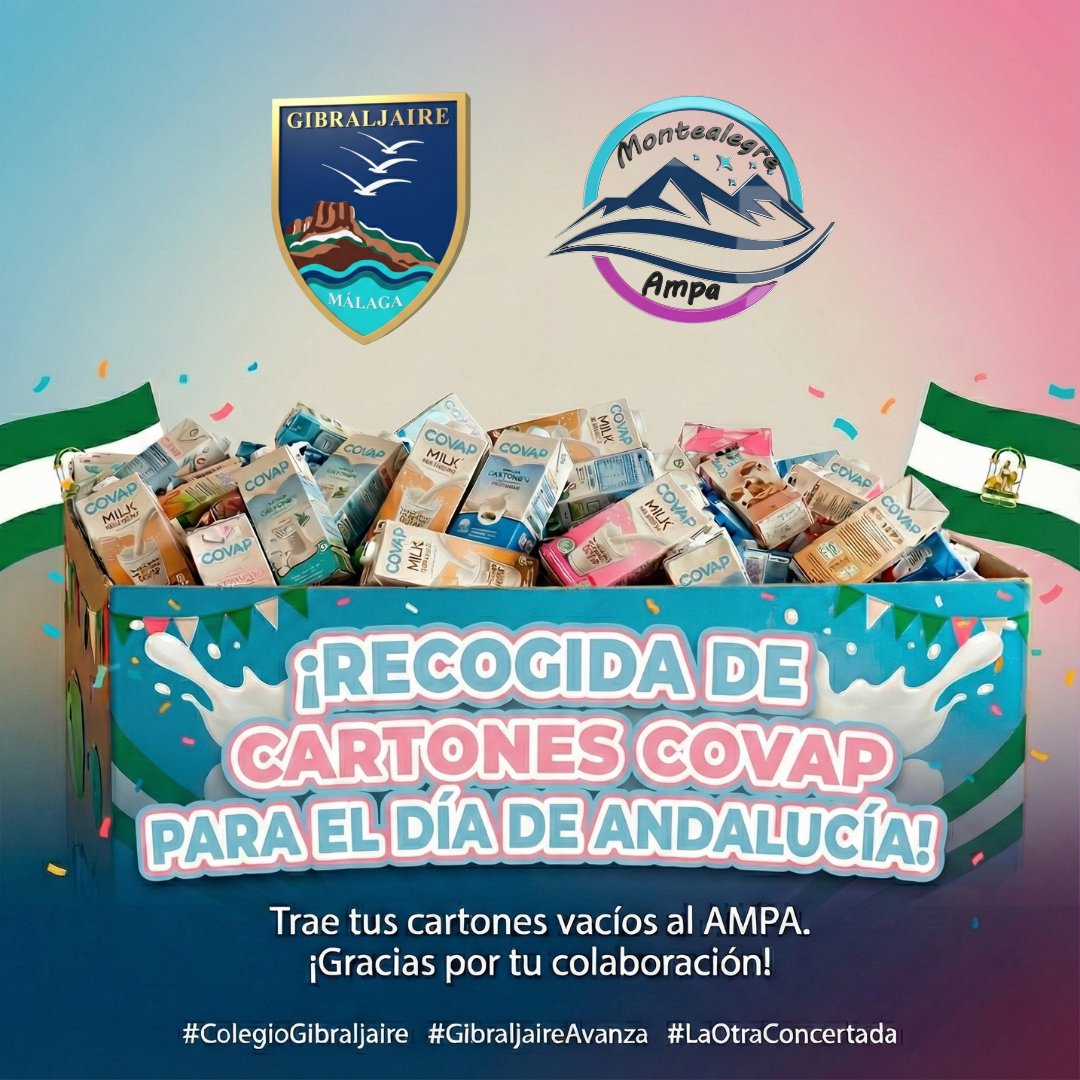 📢 ¡MISIÓN EN MARCHA! 🥛💚

Nuestro AMPA necesita cartones vacíos de COVAP para el desayuno escolar del #DíaDeAndalucía. 🥖

📍 Entrega: Local del AMPA 🕒 Horario: L-J | 16:00 - 19:00 h

¡Vuestro pequeño gesto nos ayuda a conseguirlo! 🙌

#ColegioGibraljaire #GibraljaireAvanza