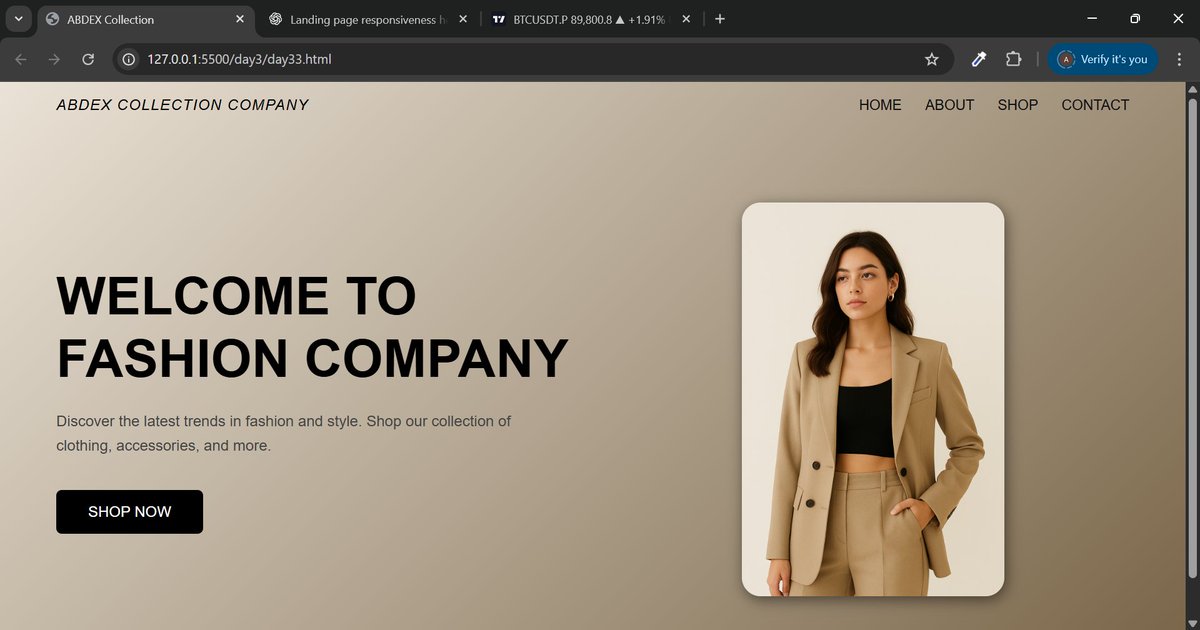 Abnoor01's tweet image. DAY 3: DESIGN A LANDING PAGE FOR A FASHION COMPANY
I find the linear-gradient used in the body intriguing #15DaysFrontendDevChallenge #CodeChallenge #FrontEndChallenge #WebDevChallenge #BuildInPublic #WebDev #NaijaDevs #SteinAcademy