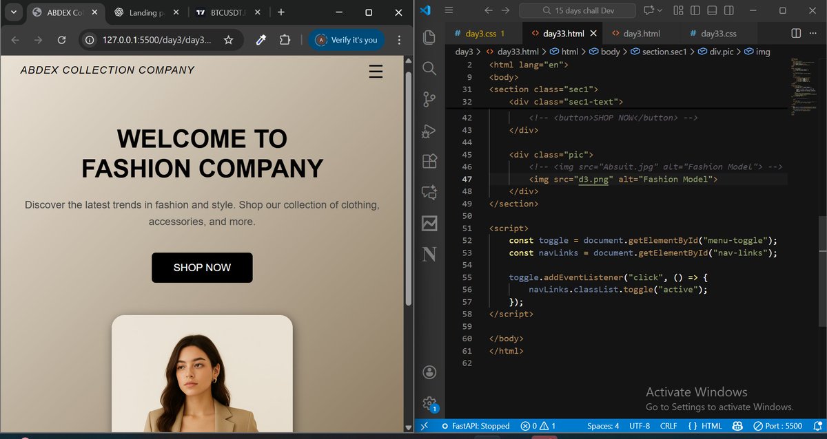Abnoor01's tweet image. DAY 3: DESIGN A LANDING PAGE FOR A FASHION COMPANY
I find the linear-gradient used in the body intriguing #15DaysFrontendDevChallenge #CodeChallenge #FrontEndChallenge #WebDevChallenge #BuildInPublic #WebDev #NaijaDevs #SteinAcademy