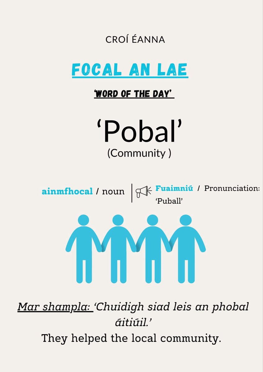 ✏️FOCAL AN LAE✏️
      Word of the day 

Tapaígí an deis chun focail agus frásaí nua a fhoghlaim linn! 

Take the chance to learn new words / phrases! 🙌

Focal an lae inniu: Pobal 

Today’s word:  Community  

Ar aghaidh libh 🙌